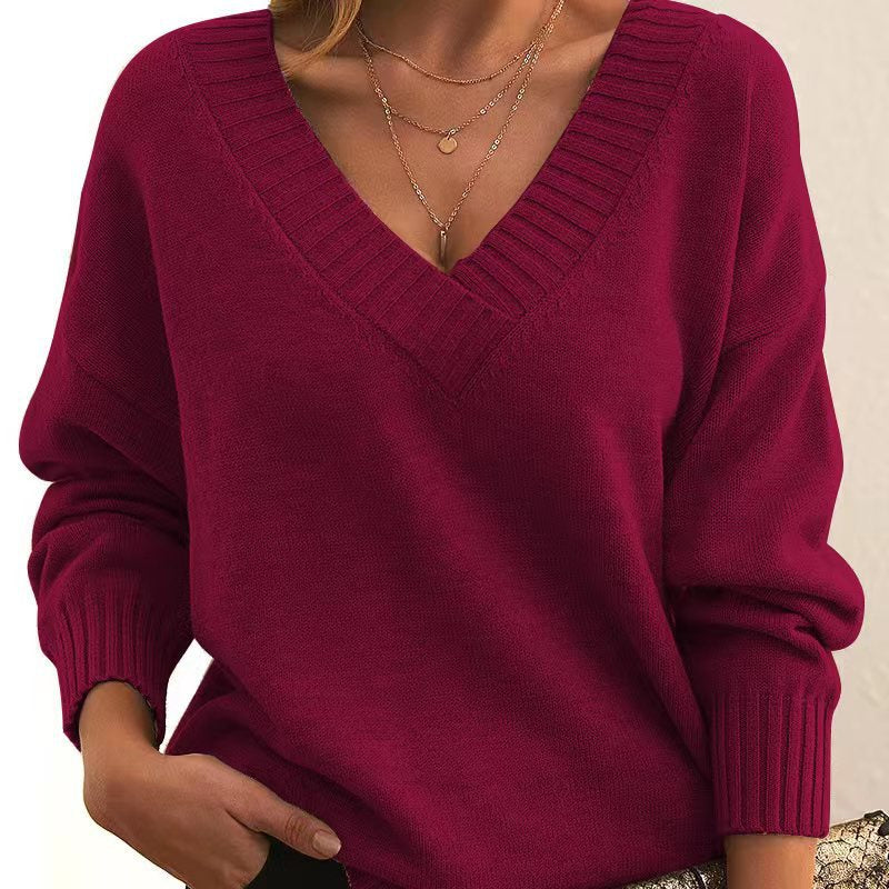 Street-Wave Women's V-Neck Knit Sweater, Soft Cotton-Acrylic Blend, Cozy All-Season Comfort for Everyday Casual