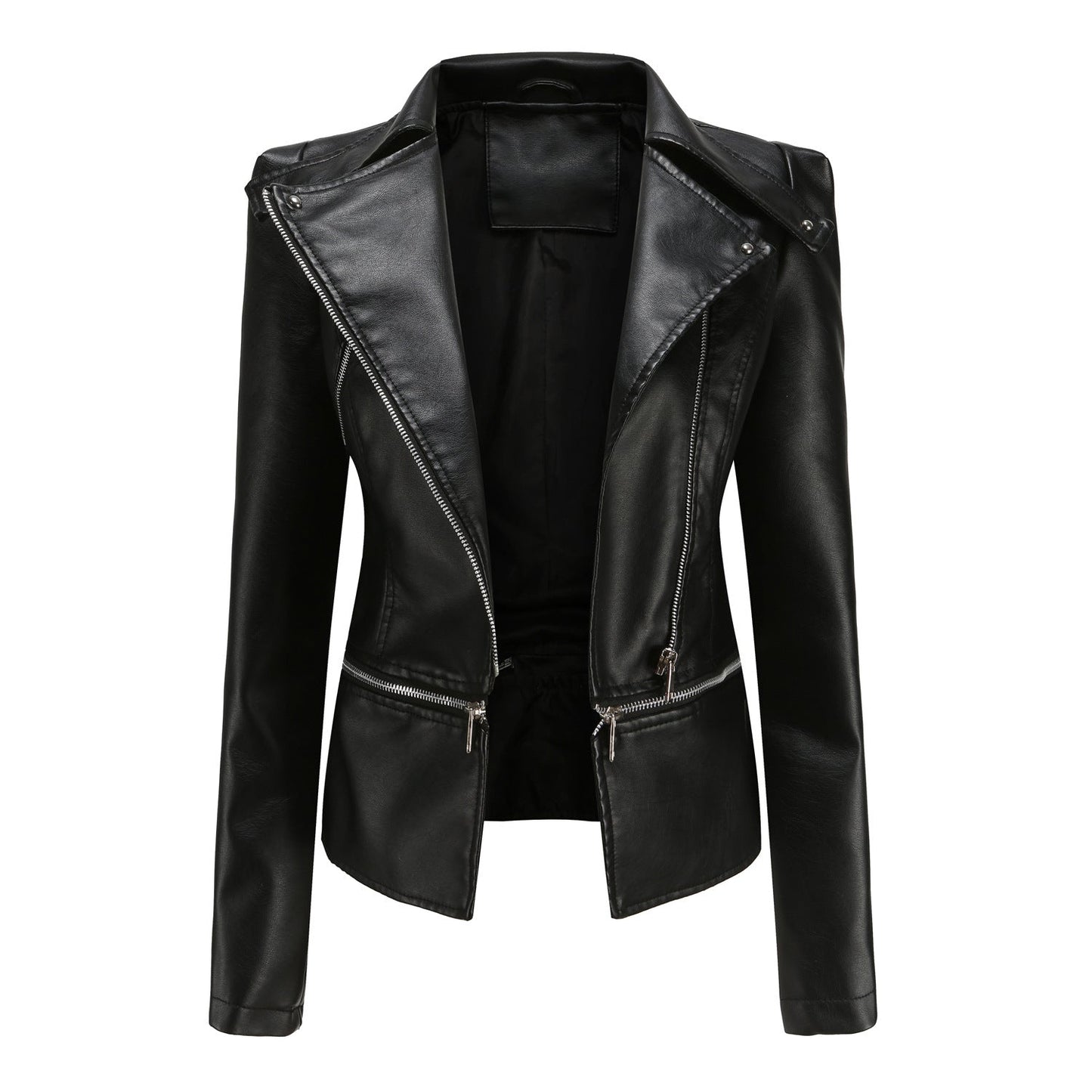Street-wave Womens Leather Style Biker Jacket With Asymmetrical Zipper And Sewn In Pockets