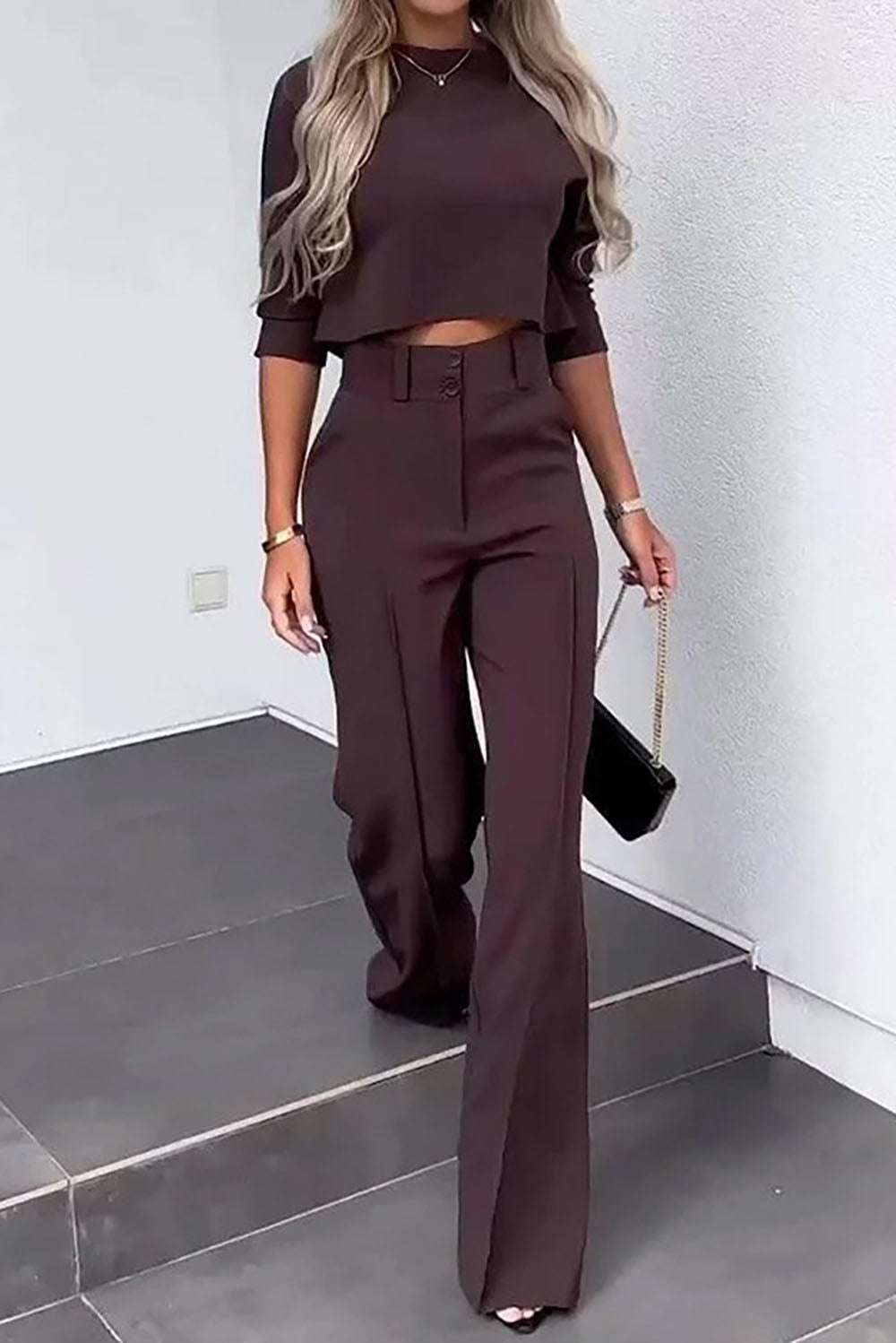 Street-Wave Cropped Sleeve Top And Wide Leg Pants Set For Modern Professionals Sleek Versatile Comfort