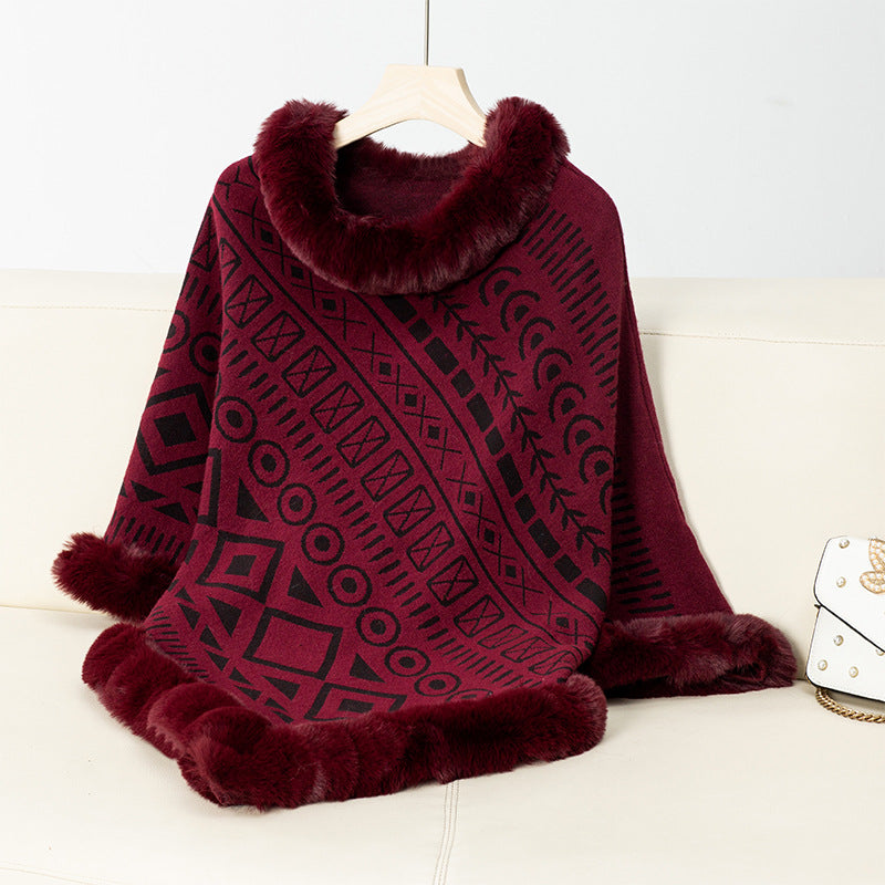 Poncho By Streetwave Womens Cozy Geometric Knit With Luxurious Faux Fur Collar Warmth