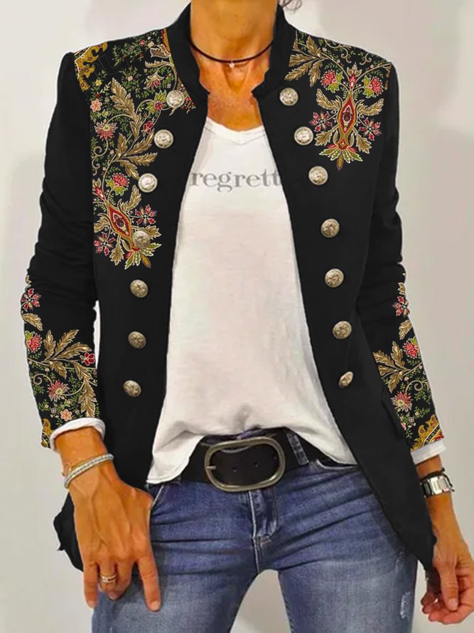 Street-wave Floral Embroidered Blazer Jacket for Women With Contrast Button Details