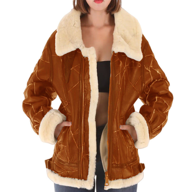 Street-Wave Women Faux Fur Lined Aviator Bomber Jacket For Winter Warm Cozy Style Streetwear