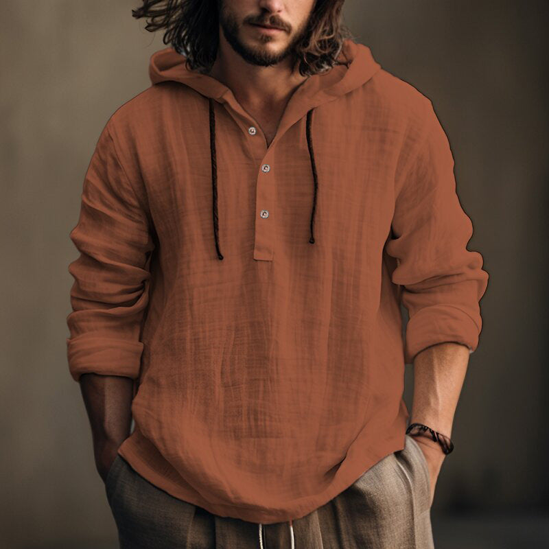 Streetwave Mens Linen Hooded Shirt With Button Placket For Casual Comfort And Breathable Style