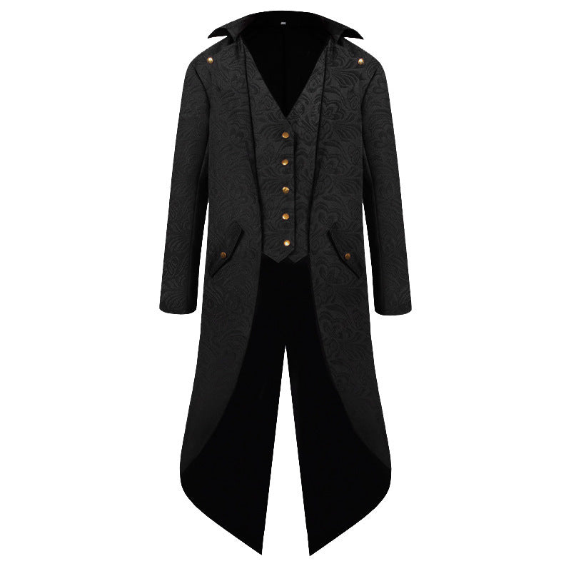 Street-Wave Women Victorian Stand Collar Coat With Elegant Textured Pattern And Leather Accents