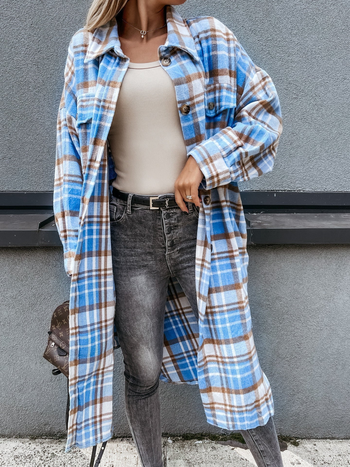 Street-wave Women Plaid Shirt Coat Longline With Soft Cotton Blend Comfort Versatile Everyday Wear