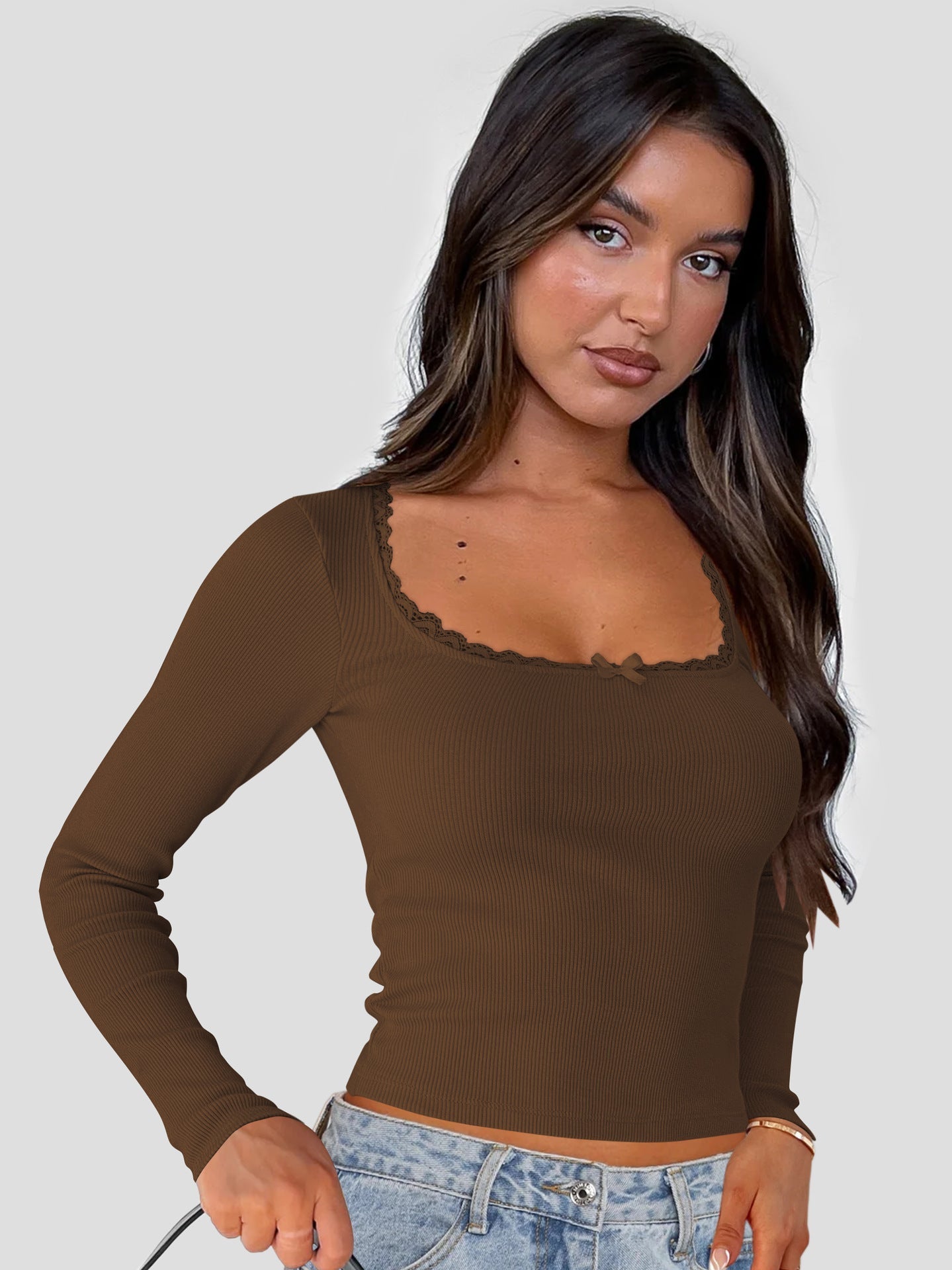 Street Wave Women's Lace Trim Long Sleeve Top With Figure Flattering Fit For Everyday Glam And Versatility