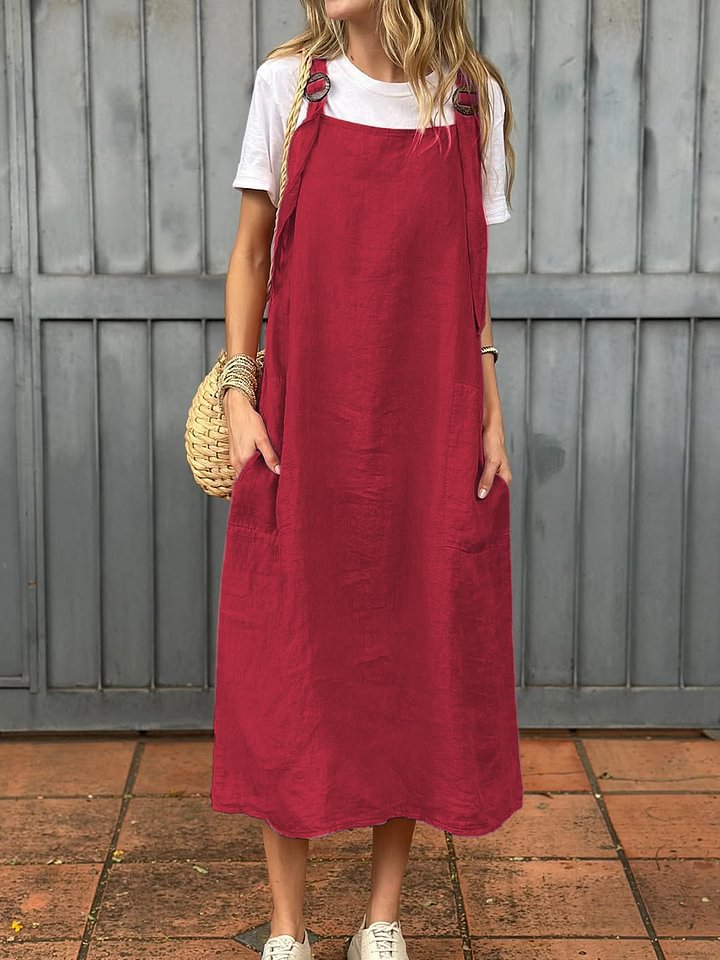 Streetwave Linen Strap Dress With Two Front Pockets For Women Breathable Casual Midi Summer