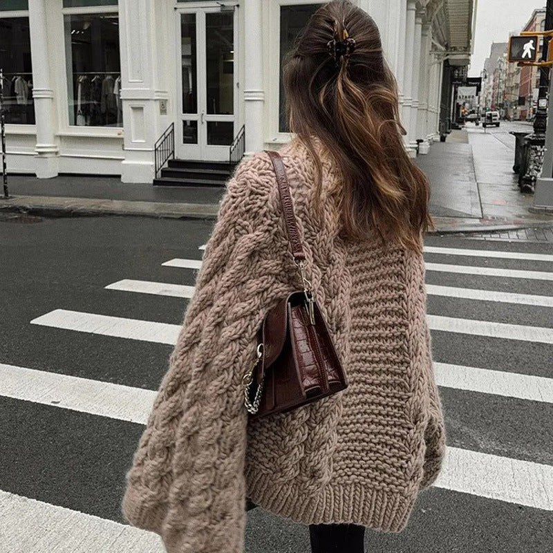 Street-Wave Women Chunky Knit Sweater With Oversized Sleeves Cozy Warm Wool Jumper