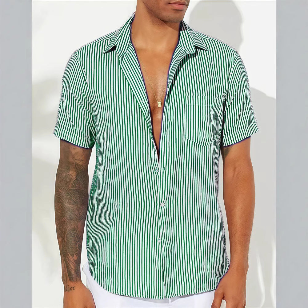 Nordic-Flair Men's Cotton Blend Striped Short Sleeve Shirt Relaxed Fit Everyday Casual