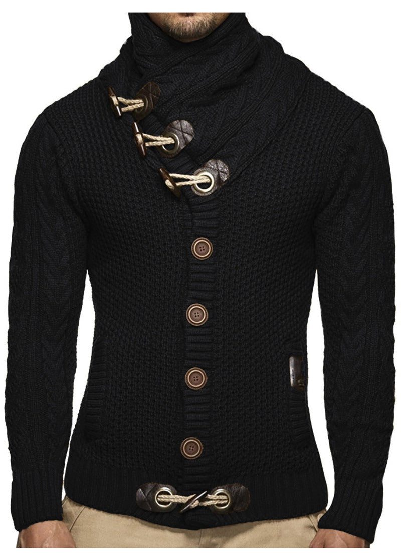 Street-wave Men's Knit Cardigan With Asymmetric Collar And Rustic Wood Button Details