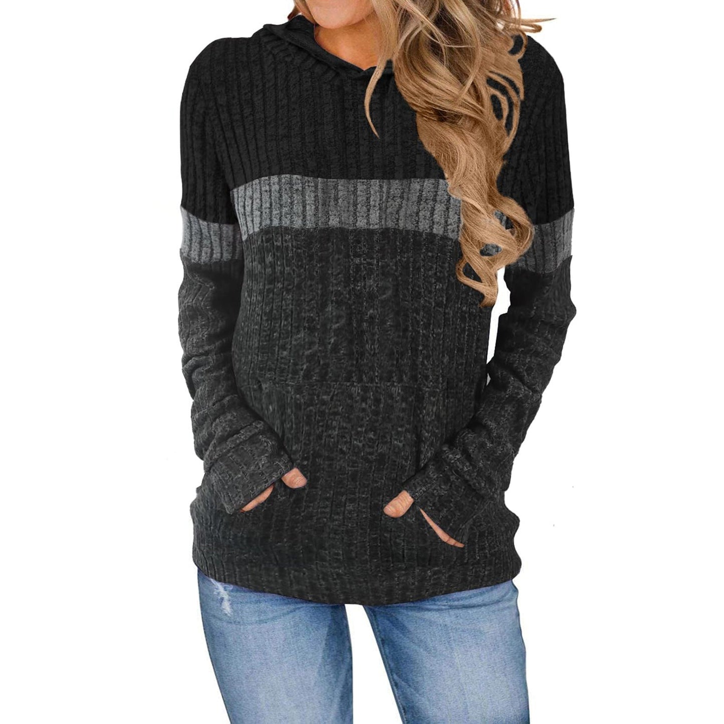 Women Hooded Sweatshirt Street-wave Color Block Cozy Breathable Cotton Blend Pullover