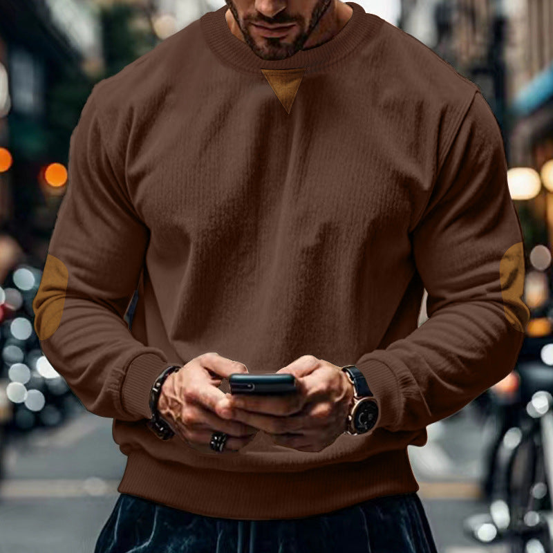 Street-wave Men's Cozy Crewneck Sweater With Elbow Patches For Modern Urban Style And Comfort