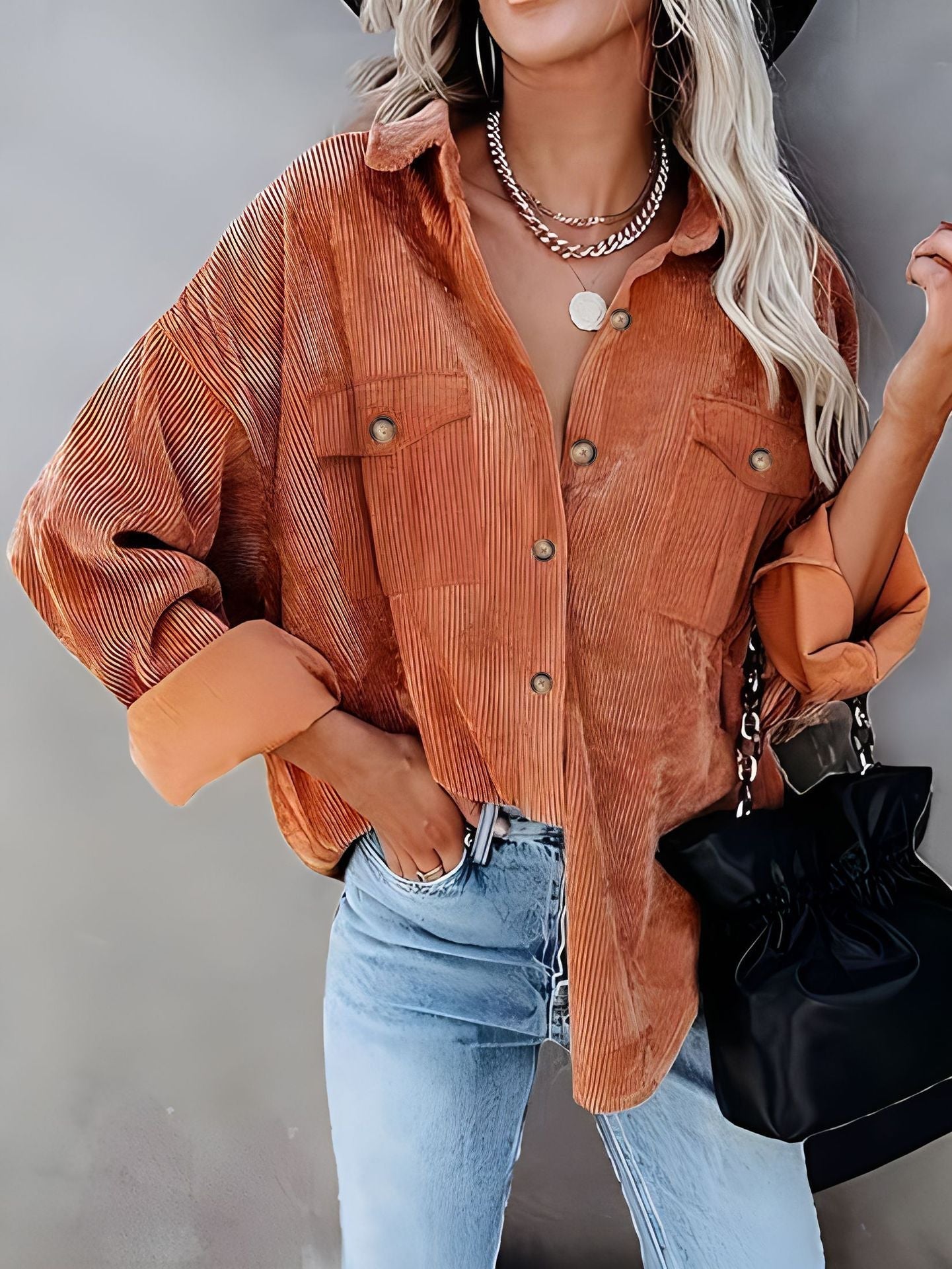 Street-Wave Women Corduroy Shirt Jacket With Double Chest Pockets For Versatile Chic Everyday Wear
