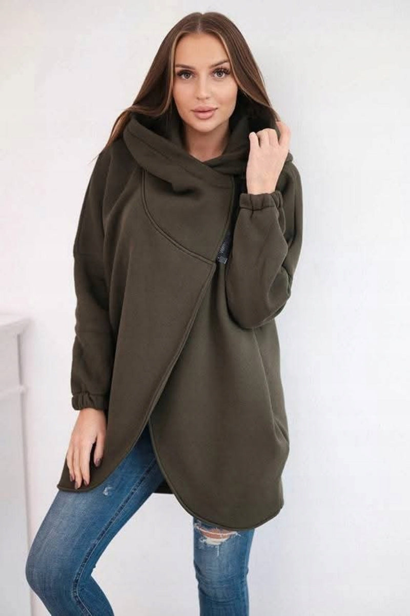Street-wave Asymmetrical Zip Fleece Hoodie Jacket For Women, Cozy Warmth, Trendy Streetwear