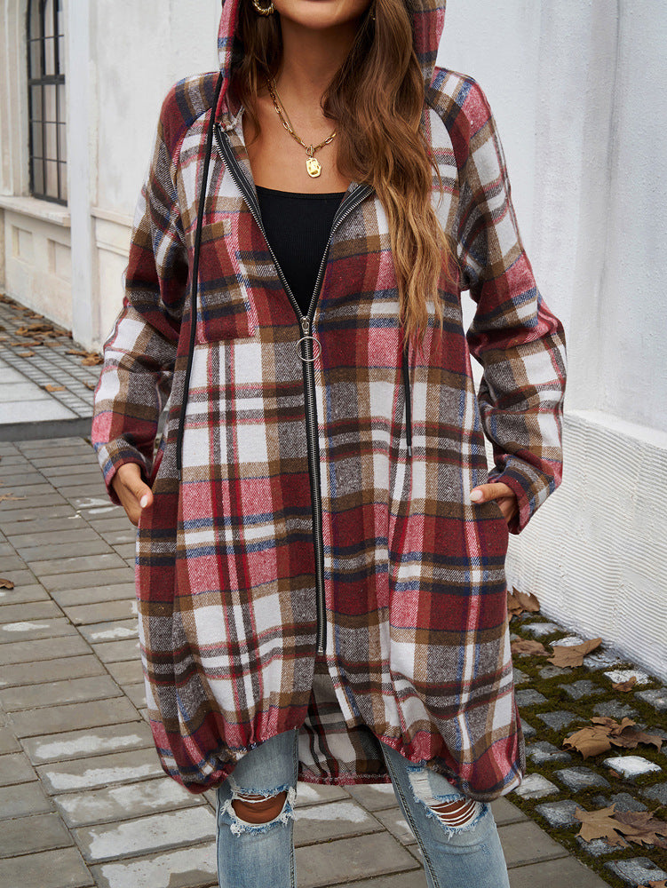 Street-wave Plaid Zip Hoodie Longline Jacket For Women Comfort Everyday Outerwear
