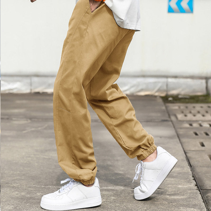 Street-wave Men's Cargo Pants With Elastic Waistband And Side Pockets Breathable Cotton Blend