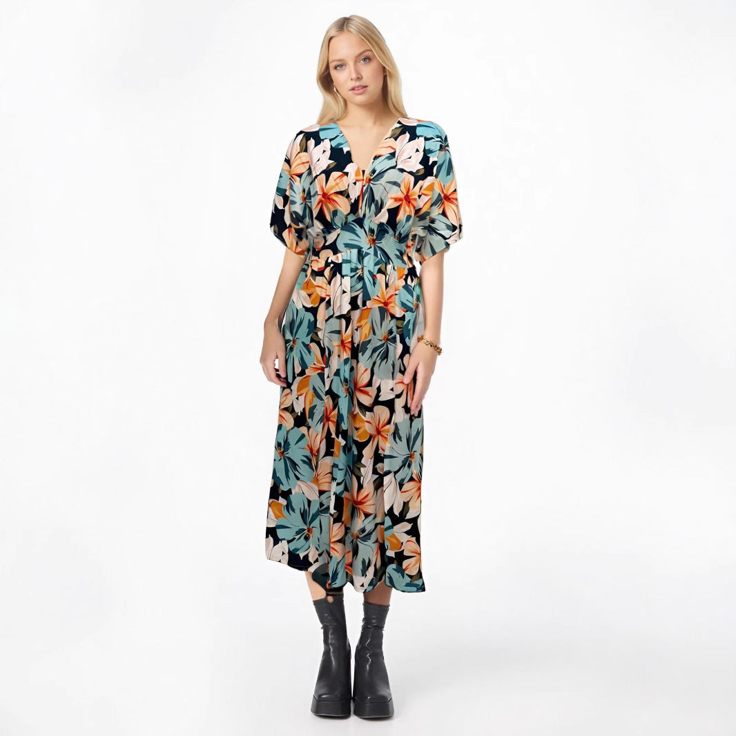 Street-Wave Floral Midi Dress With V-Neck For Women Chic