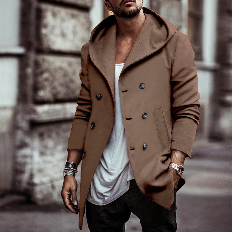 Street Wave Hooded Coat For Men Elegant Double Breasted Winter Warmth For Fashion Forward Gentlemen