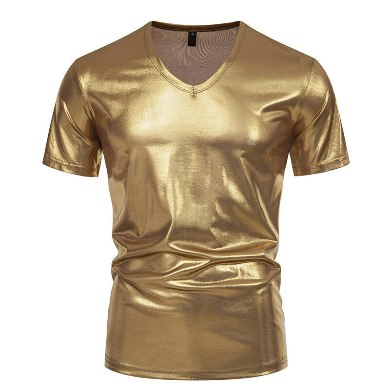 Street-wave Metallic V Neck T Shirt For Men Shiny Finish Party Wear All Day Comfort