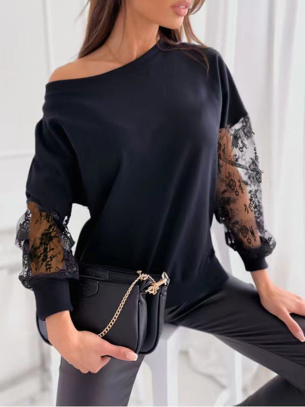 Street-wave Elegant Lace Sleeve Pullover For Women With Asymmetric Neckline And Soft Knit
