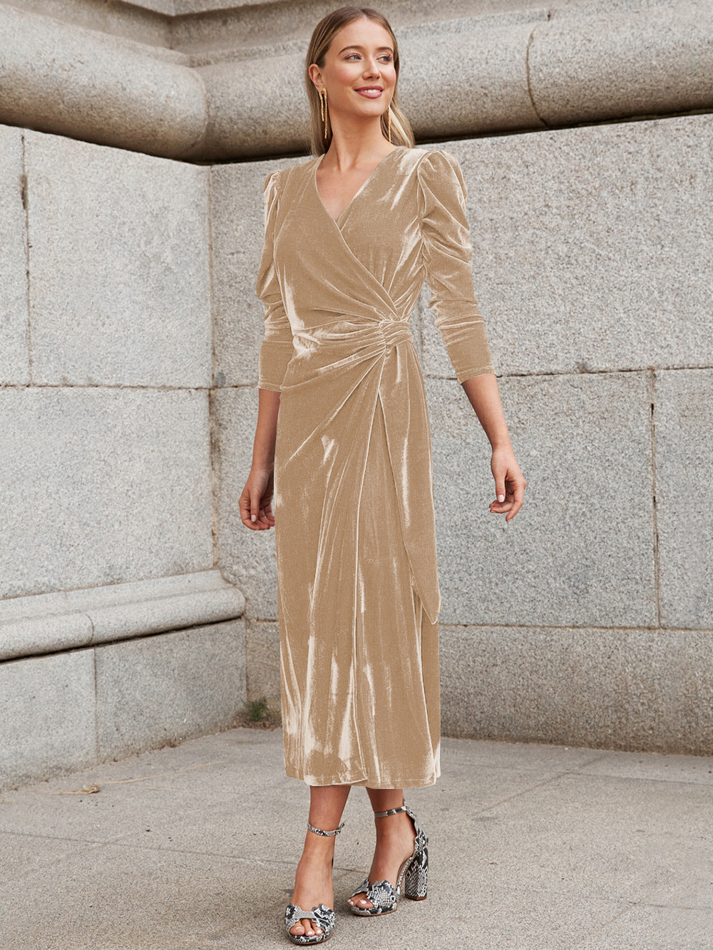 Street-Wave Elegant Wrap Dress With Puff Sleeves And Gold Accents For Women Glamorous Evening Wear