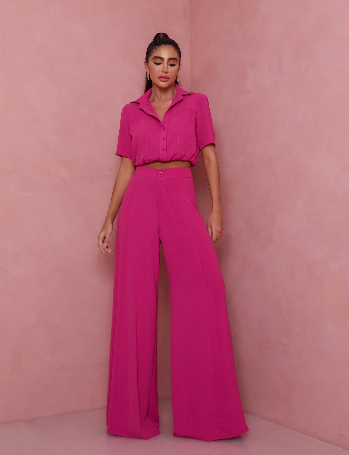 Street-wave Women's Elegant Short-Sleeve Blouse And Palazzo Pants Set Breathable Summer Chic