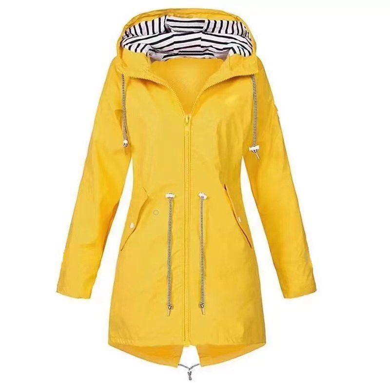 Street-wave Windproof Hooded Rain Jacket for Urban Commute With Tailored Fit and Striped Hood Lining