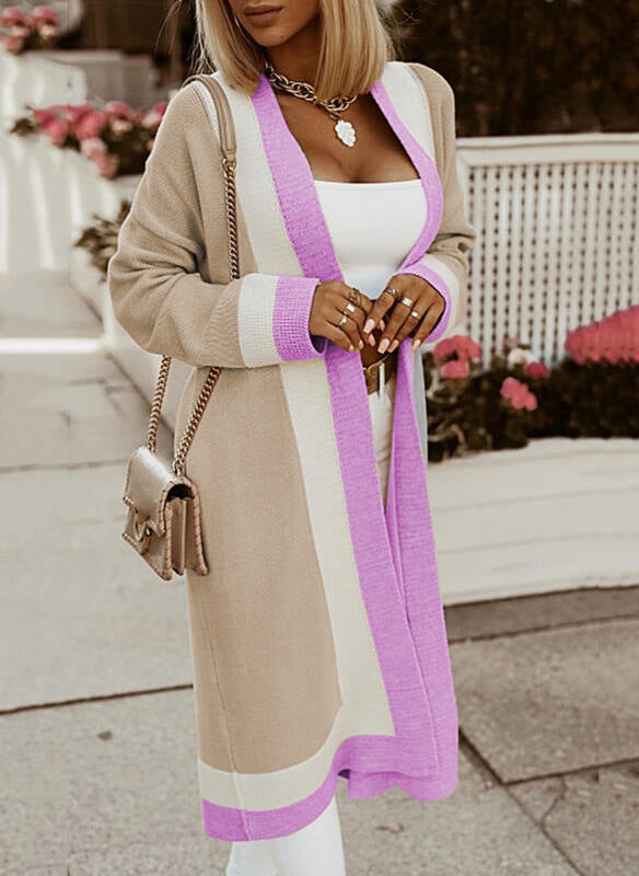 Street-wave Women Colorblock Knit Cardigan With Open Front Long Cozy Sweater For Everyday Wear