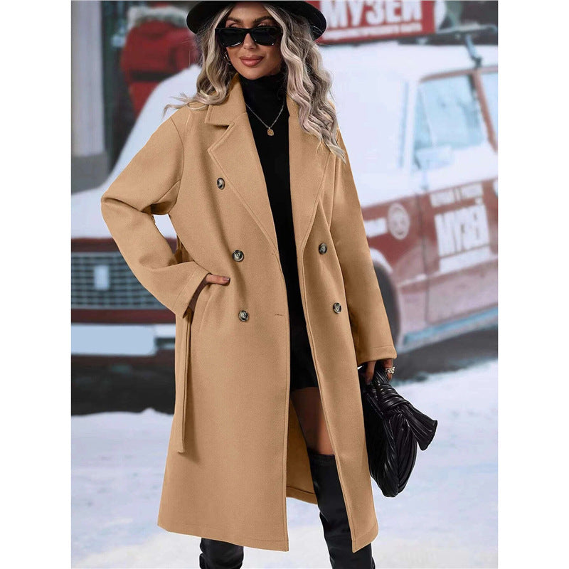 Streetwave Women Double Breasted Wool Coat Belted for Elegant Warmth and Style This Season