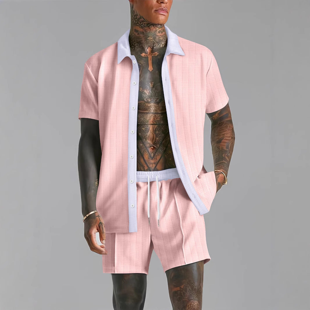 Men's Cotton Blend Shirt and Shorts Set with Relaxed Fit, Button Closure, Elastic Waist