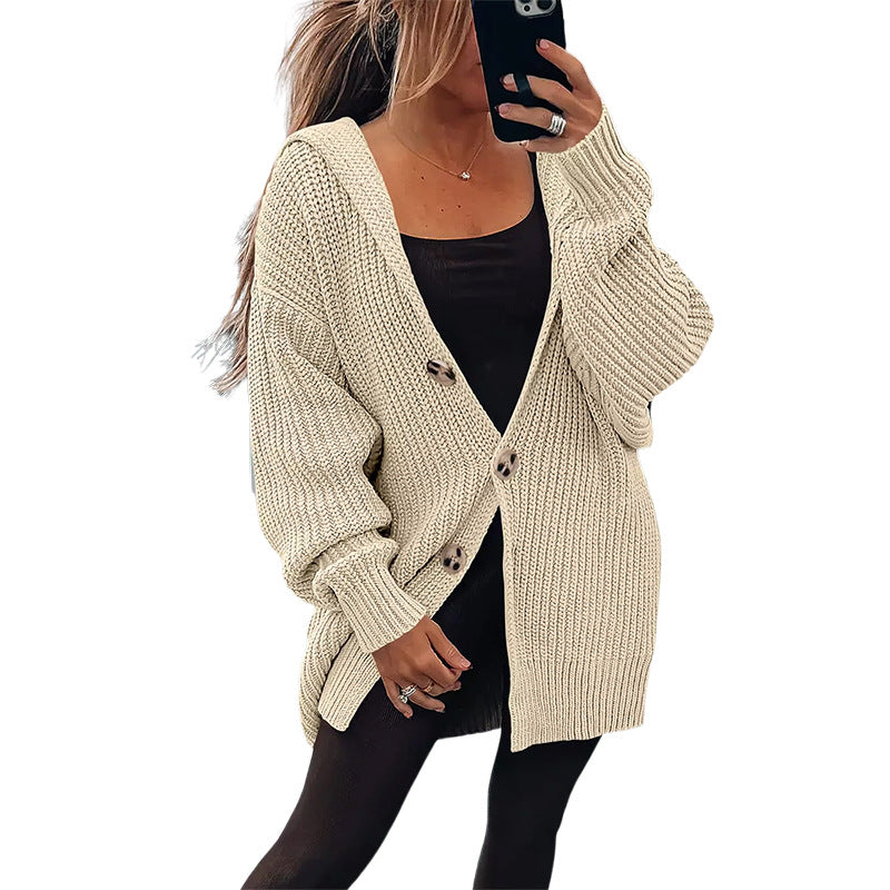 Street Wave Women's Oversized Knit Cardigan With Wooden Buttons Cozy Soft Comfort