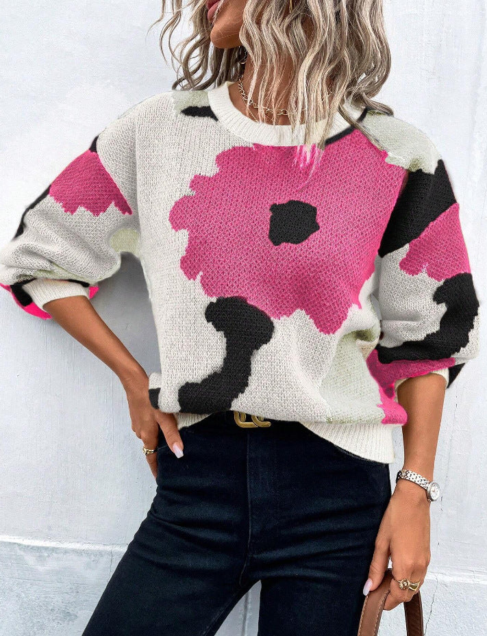 Street-wave Patterned Balloon Sleeve Knit Sweater Bold Relaxed Fit Round Neck For Women