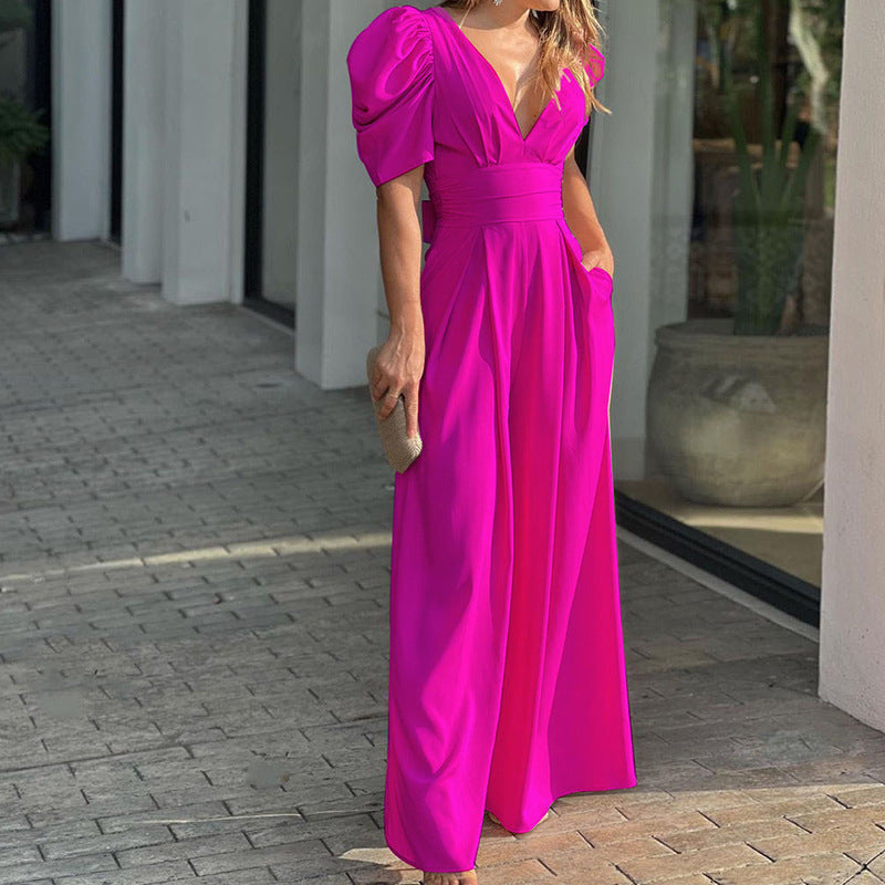 Street-Wave Women's Jumpsuit With Wide Leg V Neck Puff Sleeves