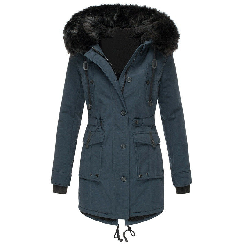 Street-Wave Long Winter Coat For Women With Fur Trim Hood And Button Closure For Cold Weather