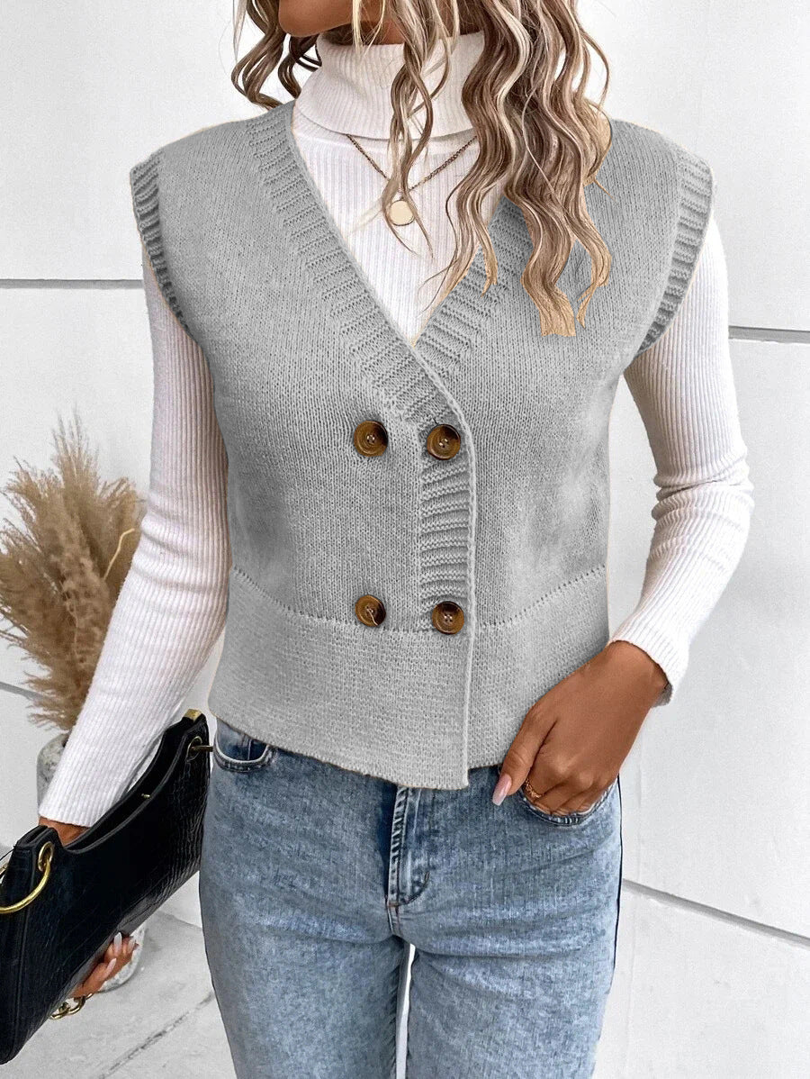 Street-Wave Women's Knit Vest With Double Button Placket And V-Neck For Layering