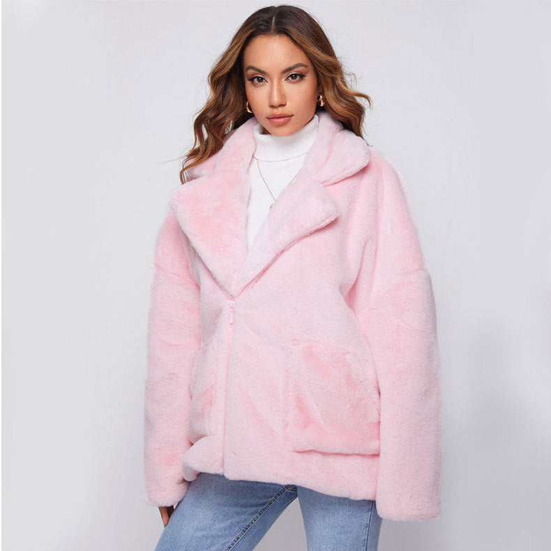 Street Wave Womens Fluffy Faux Fur Jacket With Deep Lapel Collar Cozy Pink Winter Essential