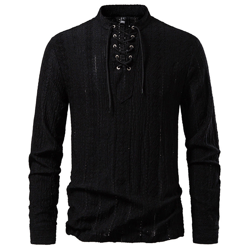 Street-Wave Men's Long Sleeve Shirt With Lace Up Front Design For Style Conscious Wearers Breathable Cotton Comfort
