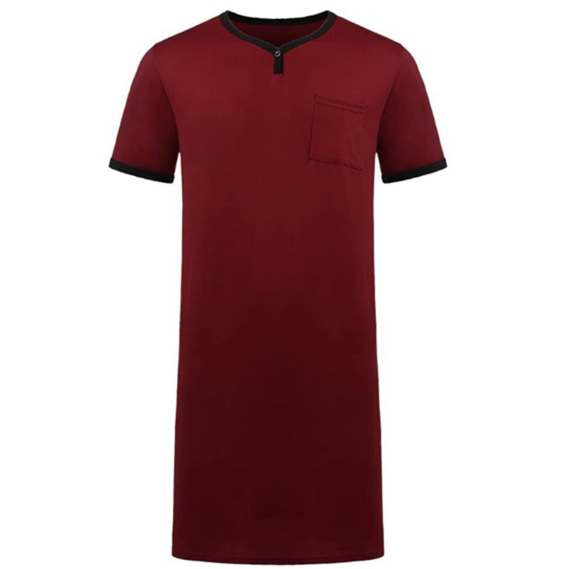 Street Wave Mens Nightshirt V Neck With Chest Pocket Breathable Sleepwear For Men