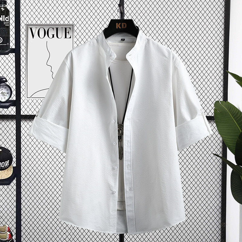 Street-Wave Mens Nizza Long Sleeve Shirt With Modern Stand Collar And Textured Fabric Versatile Everyday Wear