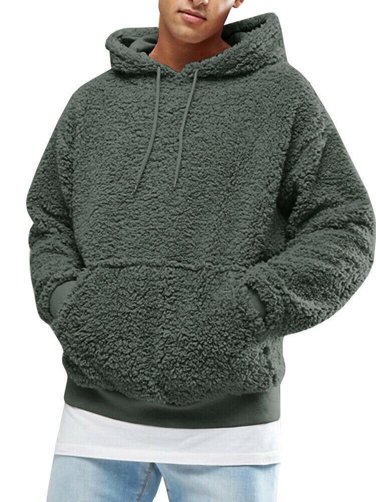 Street Wave Mens Teddy Fleece Hoodie With Kangaroo Pockets And Adjustable Drawstring For Cozy Casual Wear
