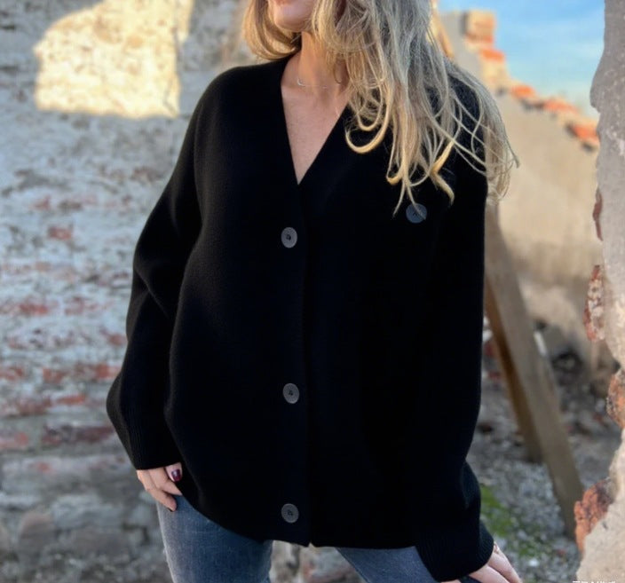Street-wave Women's Relaxed Knit Cardigan With Asymmetric Cut And Button Details For Everyday Chic