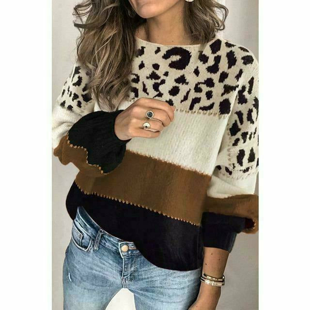 Street-wave Leopard Print Knit Pullover For Women Cozy Cotton Blend Sweater Casual Spring Autumn Fashion