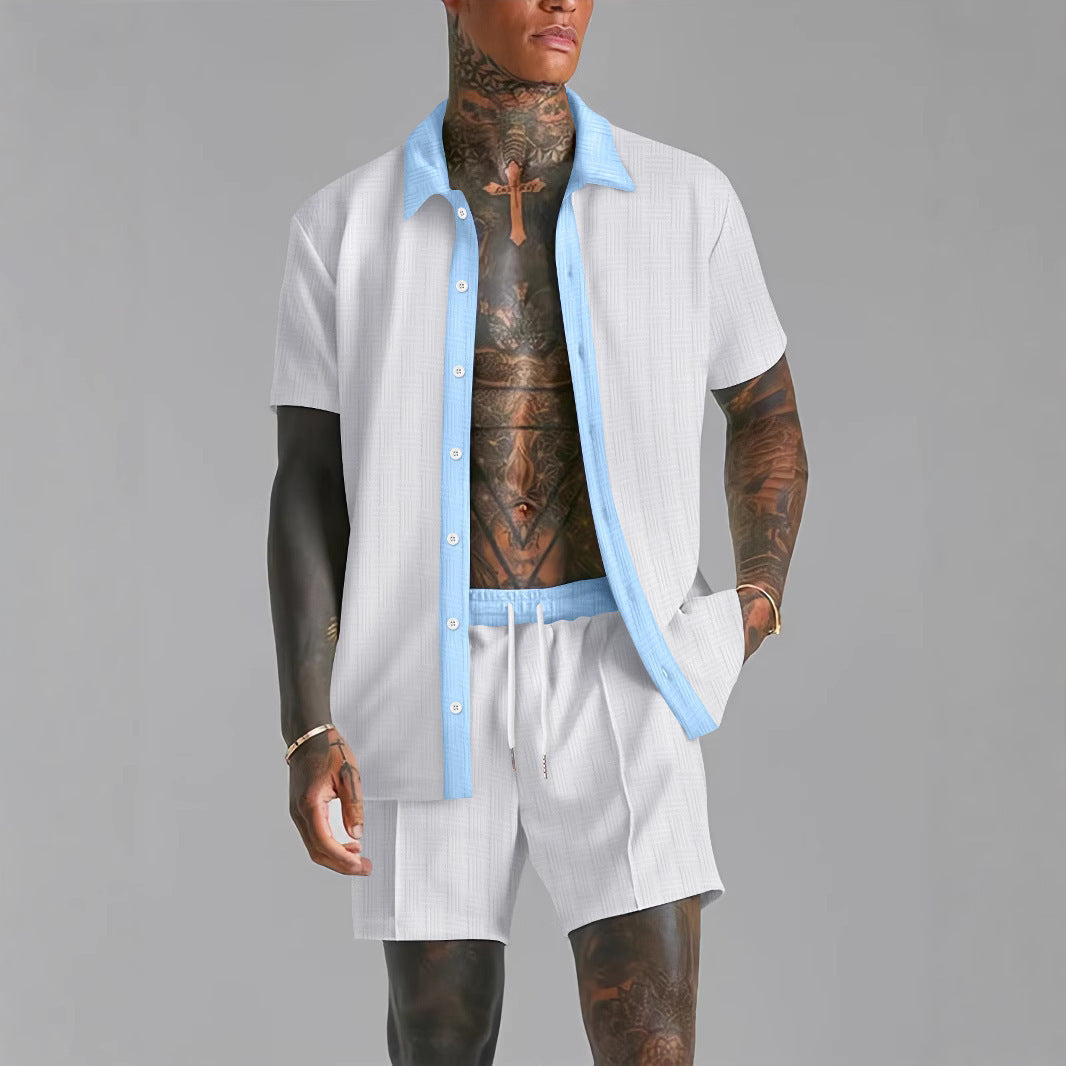 Men's Cotton Blend Shirt and Shorts Set with Relaxed Fit, Button Closure, Elastic Waist