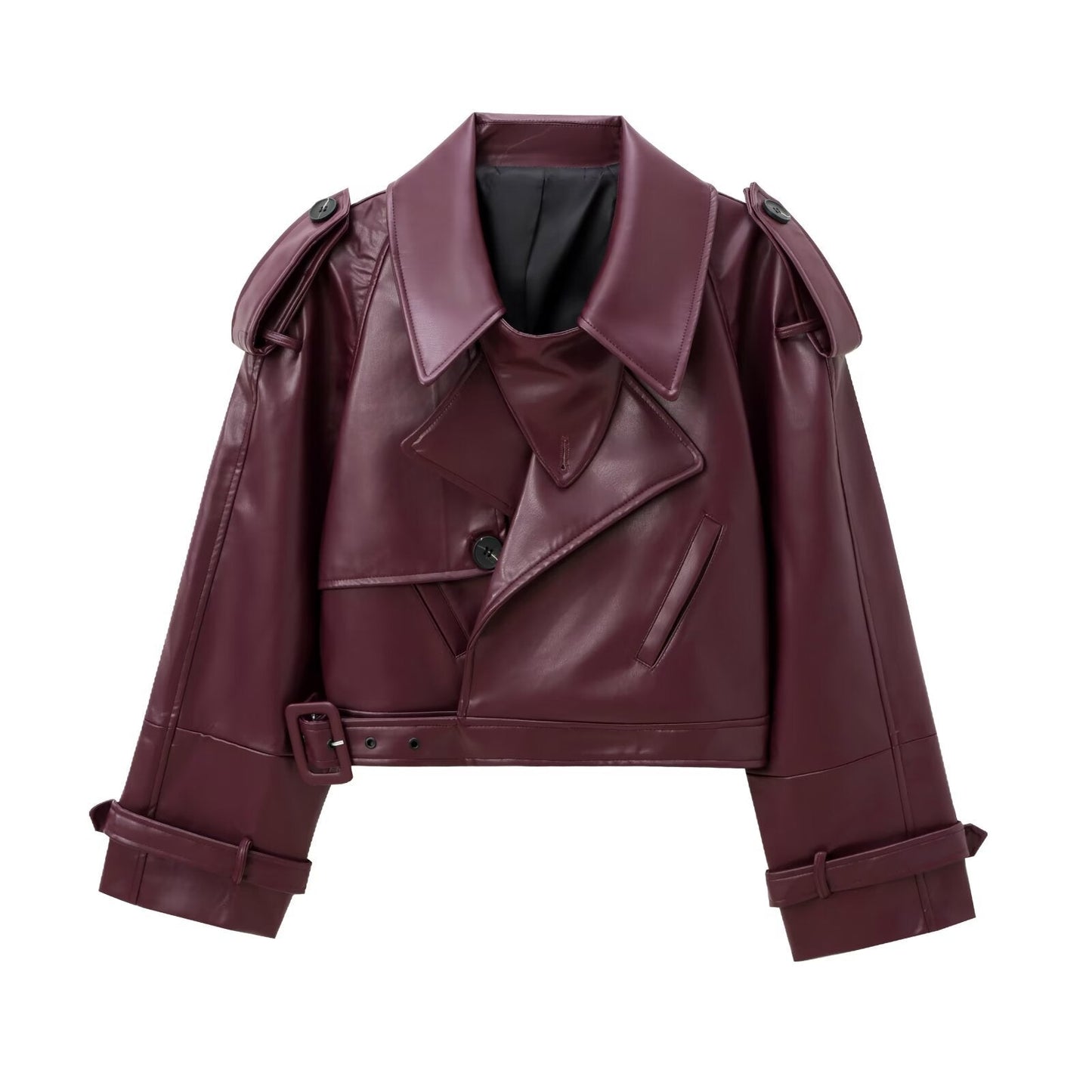 Street-Wave Women's Faux Leather Jacket With Tailored Fit And Oversized Collar Chic Outerwear