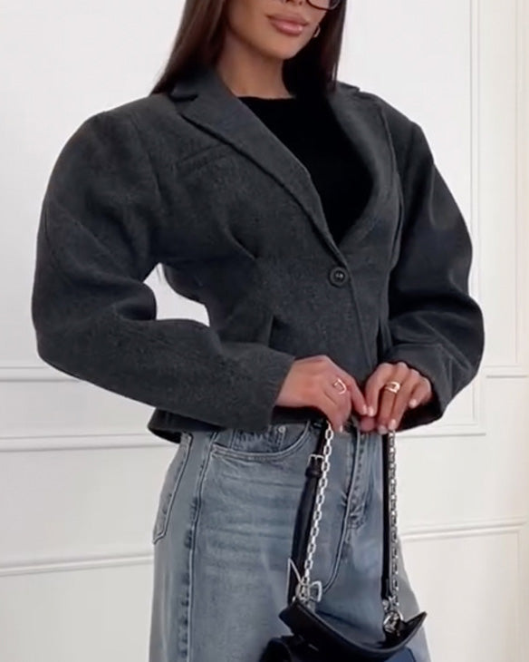 Street-Wave Women's Single-Breasted Wool Coat With One Button And Lapel Collar For Elegant Everyday Wear