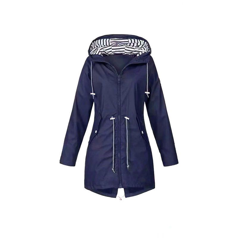 Street-wave Windproof Hooded Rain Jacket for Urban Commute With Tailored Fit and Striped Hood Lining