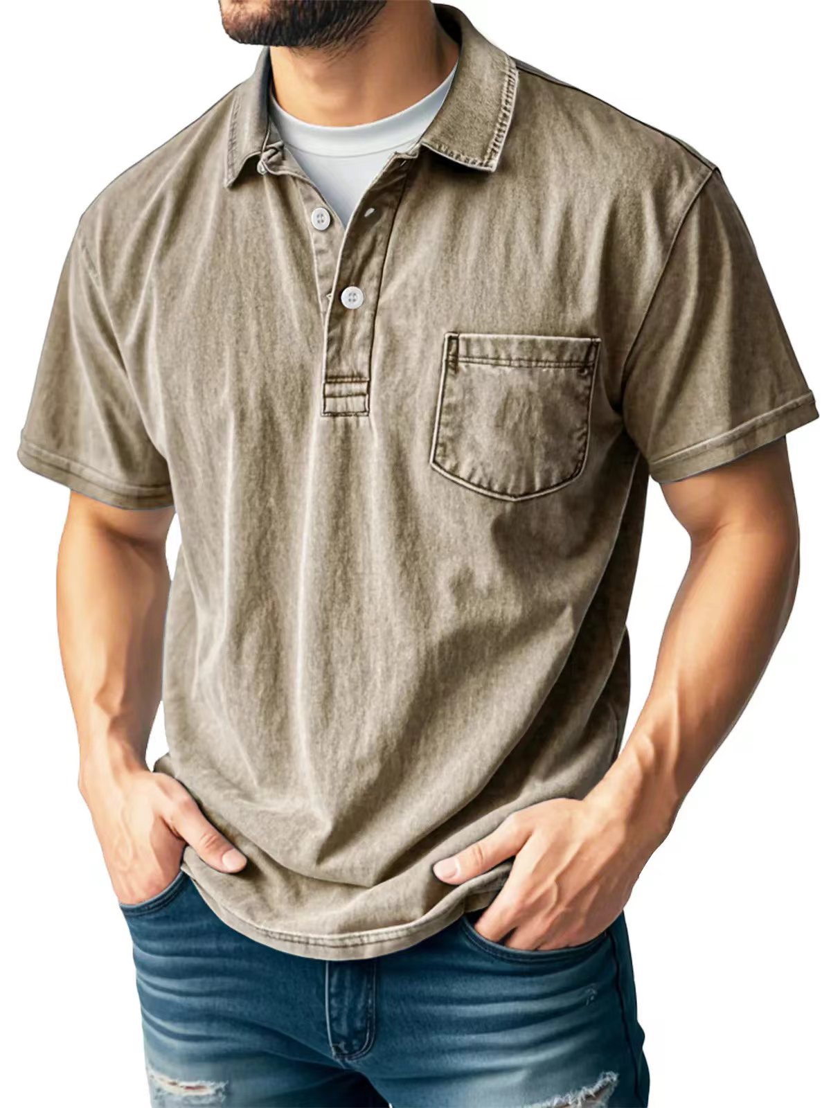 Street-Wave Mens Polo Shirt Green Relaxed Fit Short Sleeve Breathable Material Chest Pocket Casual Summer Top