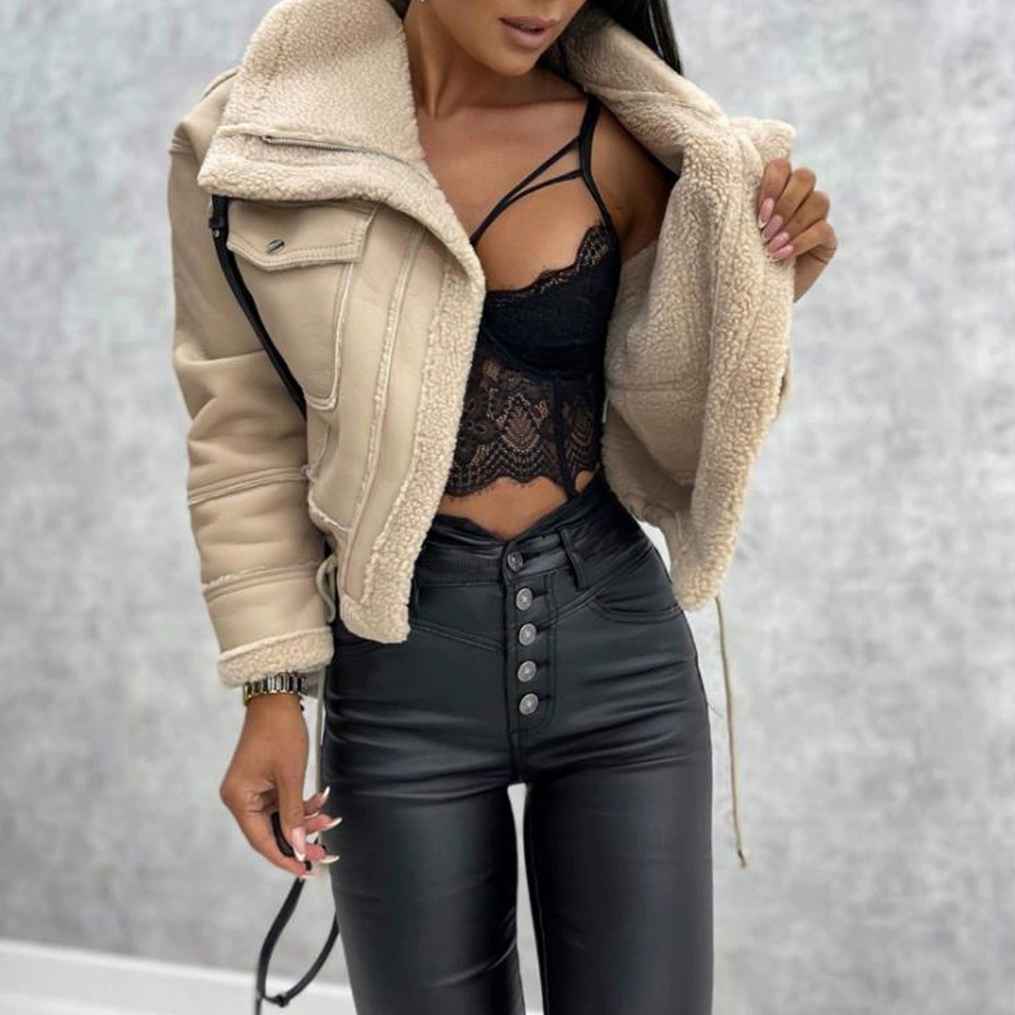 Streetwave Women's Shearling Jacket With Removable Collar Cozy Warmth Premium Lamb Fur