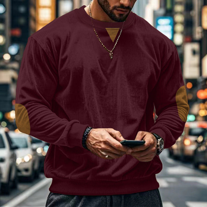 Street-wave Men's Cozy Crewneck Sweater With Elbow Patches For Modern Urban Style And Comfort