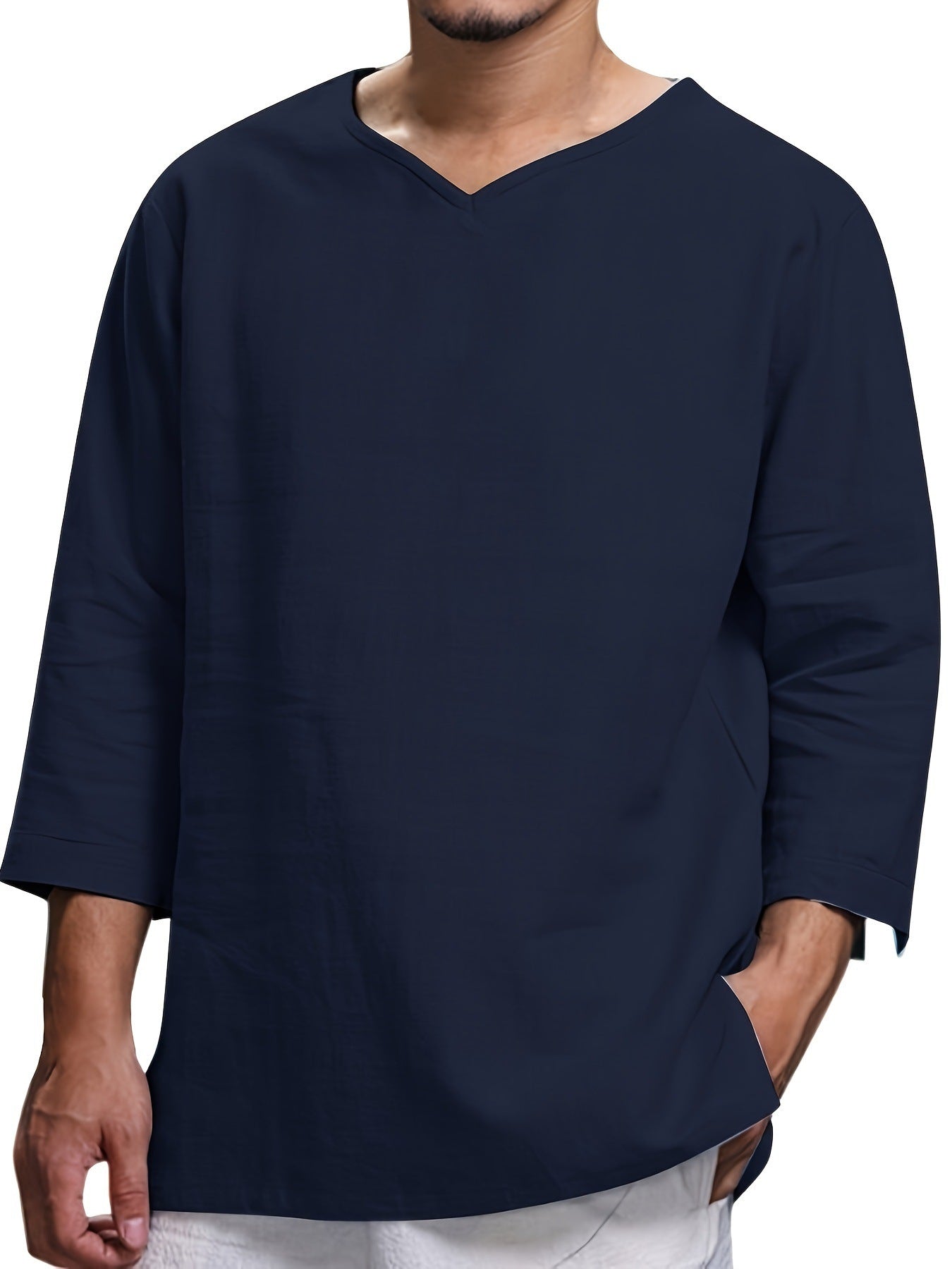 Street Wave Men's Casual V Neck Long Sleeve Shirt With Side Pockets Breathable Fabric